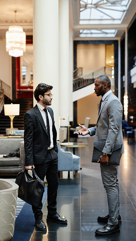 Two business professionals discussing travel plans in a hotel lobby